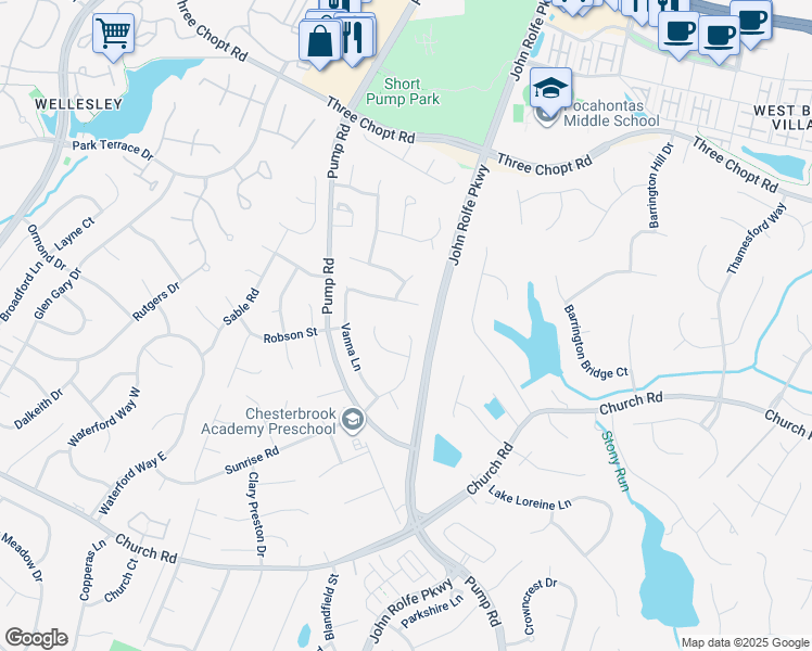 map of restaurants, bars, coffee shops, grocery stores, and more near 11700 Sandy Bluff Drive in Richmond