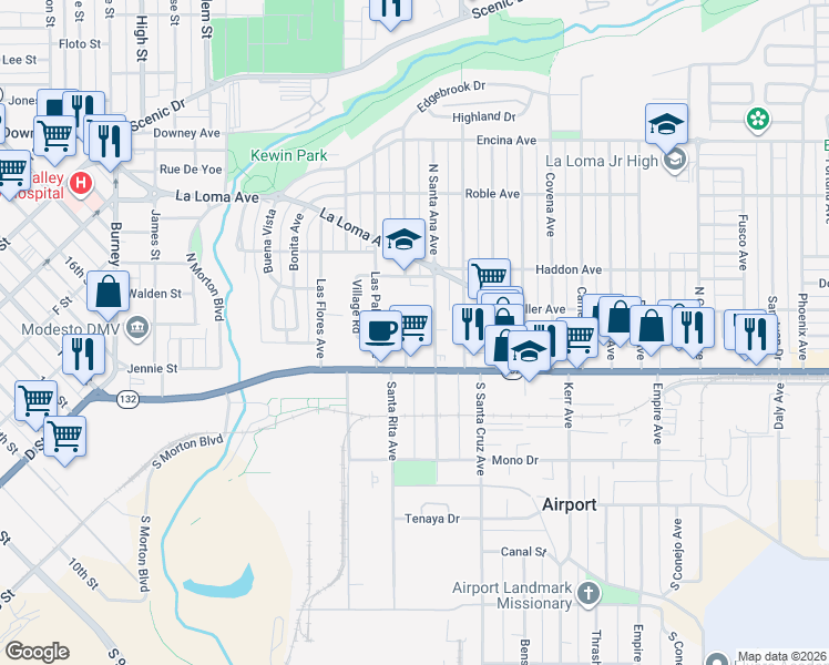 map of restaurants, bars, coffee shops, grocery stores, and more near 129 Wilson Avenue in Modesto