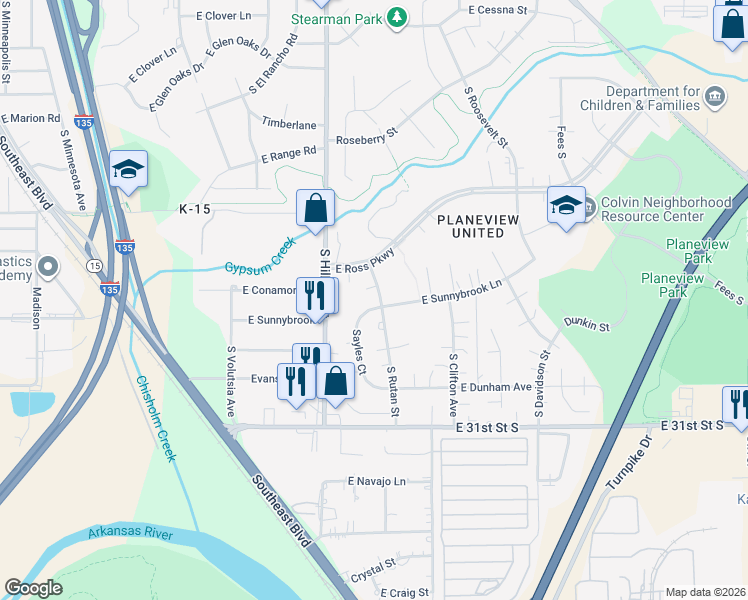 map of restaurants, bars, coffee shops, grocery stores, and more near 2885 South Rutan Street in Wichita