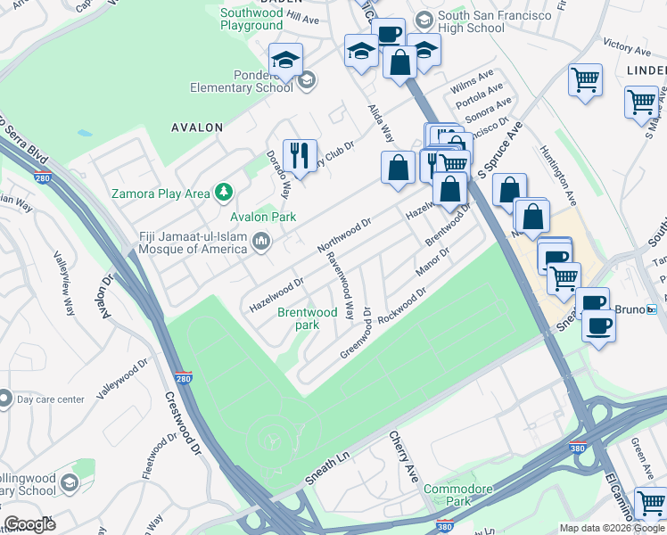 map of restaurants, bars, coffee shops, grocery stores, and more near 206 Ravenwood Way in South San Francisco