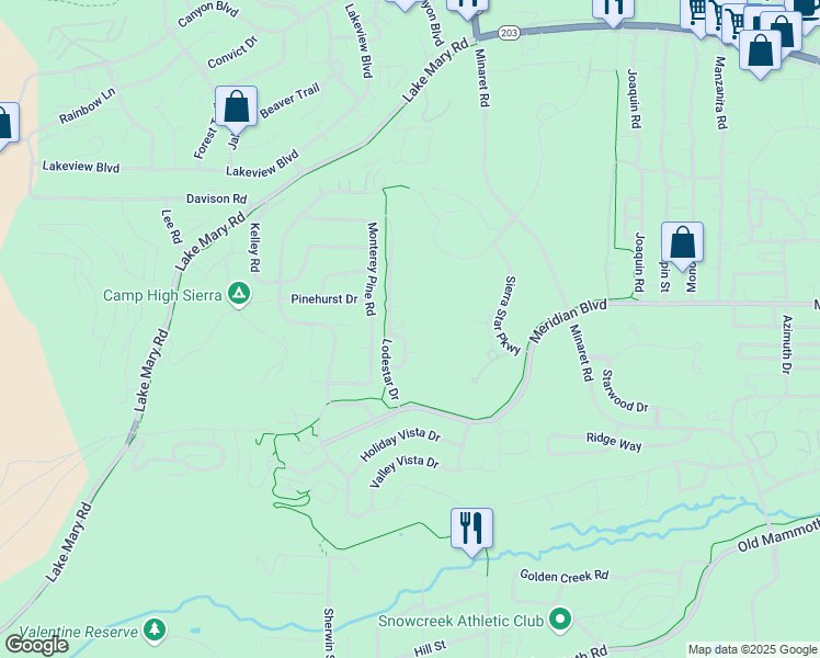 map of restaurants, bars, coffee shops, grocery stores, and more near 2000 Lodestar Drive in Mammoth Lakes