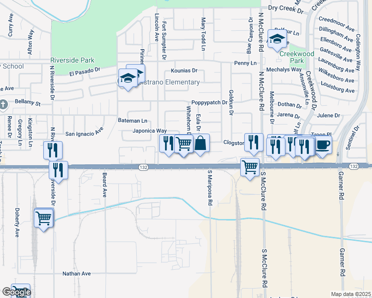 map of restaurants, bars, coffee shops, grocery stores, and more near 3125 Gibson Way in Modesto