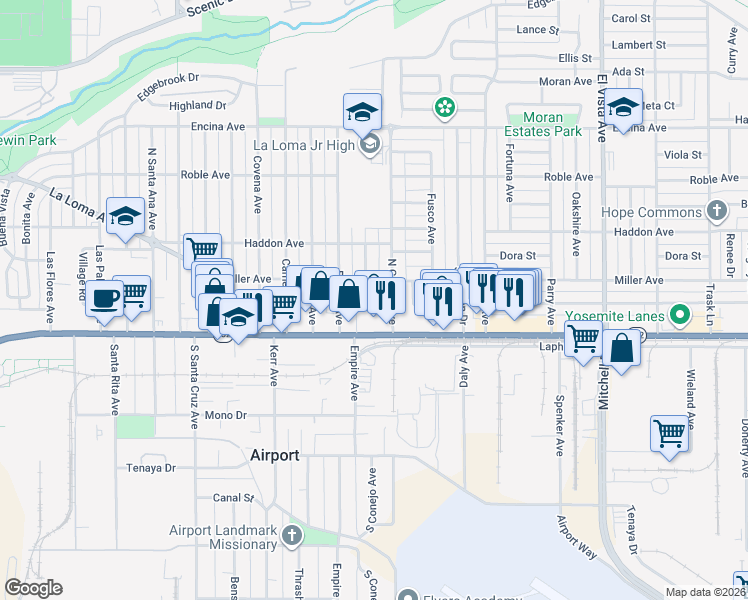 map of restaurants, bars, coffee shops, grocery stores, and more near 1732 Miller Avenue in Modesto
