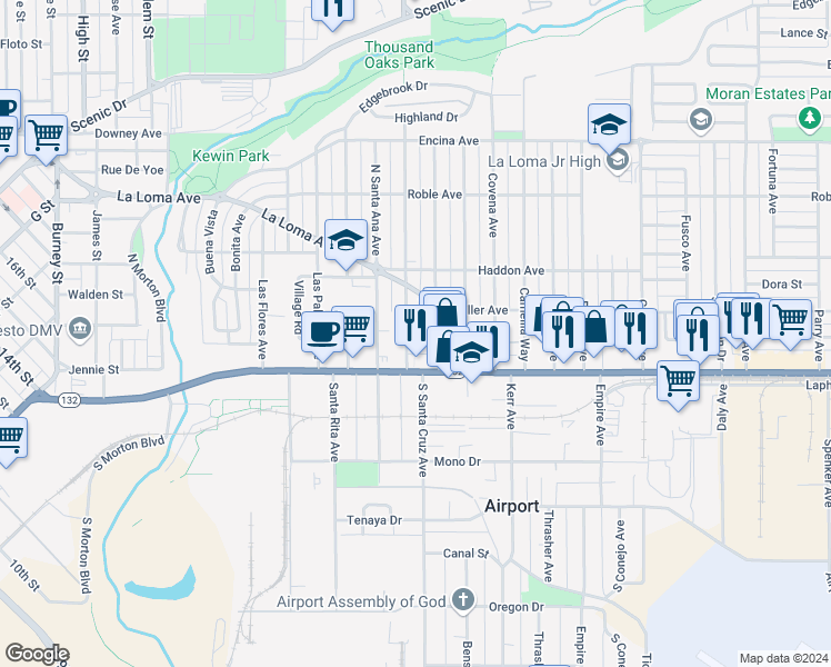 map of restaurants, bars, coffee shops, grocery stores, and more near 140 Santa Barbara Avenue in Modesto