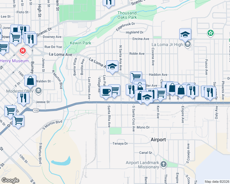 map of restaurants, bars, coffee shops, grocery stores, and more near 129 Wilson Avenue in Modesto
