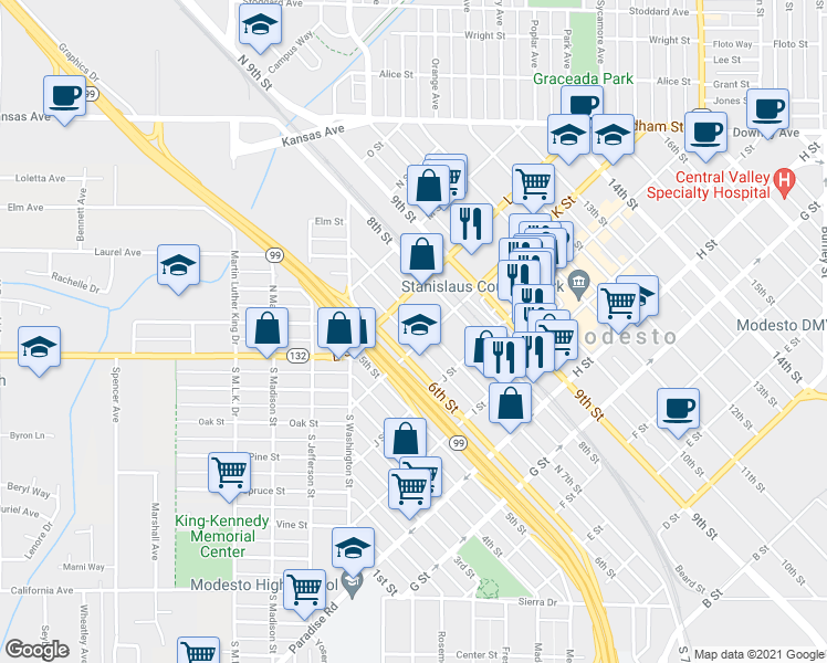 map of restaurants, bars, coffee shops, grocery stores, and more near 1113 7th Street in Modesto