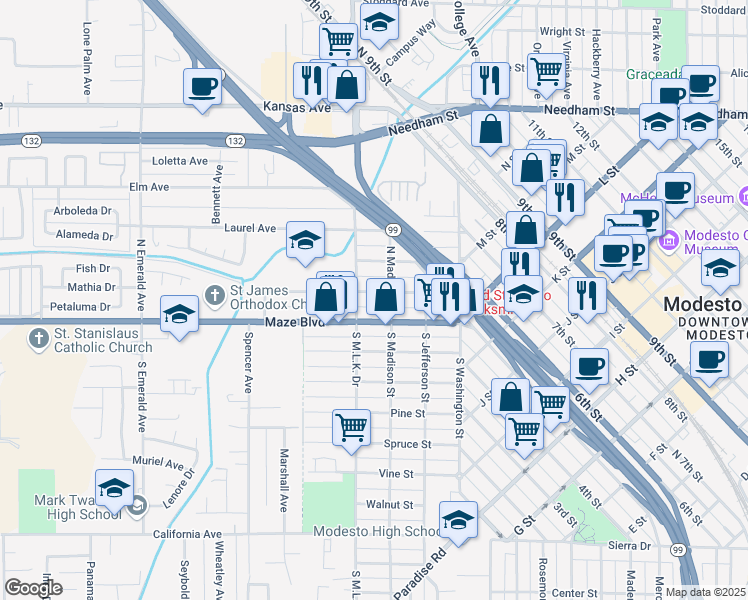 map of restaurants, bars, coffee shops, grocery stores, and more near 309 Locust Street in Modesto