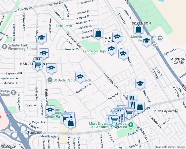map of restaurants, bars, coffee shops, grocery stores, and more near 27133 Belvedere Court in Hayward