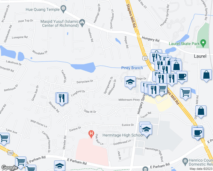 map of restaurants, bars, coffee shops, grocery stores, and more near 8644 Springwater Drive in Richmond