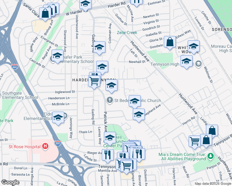 map of restaurants, bars, coffee shops, grocery stores, and more near 26795 Tyrrell Avenue in Hayward