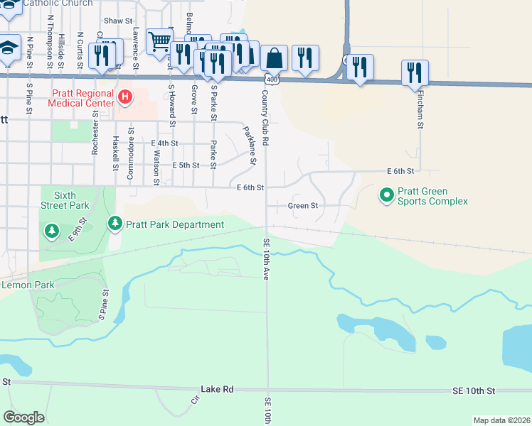 map of restaurants, bars, coffee shops, grocery stores, and more near Southeast 10th Avenue in Pratt