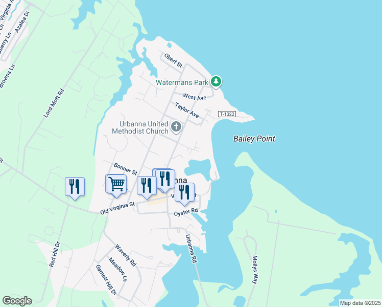 map of restaurants, bars, coffee shops, grocery stores, and more near 150 Marston Avenue in Urbanna