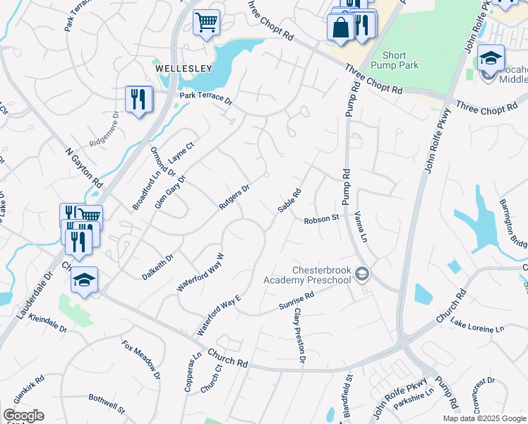 map of restaurants, bars, coffee shops, grocery stores, and more near 12109 Sable Court in Henrico