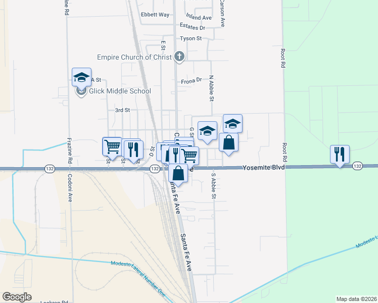 map of restaurants, bars, coffee shops, grocery stores, and more near 27 G Street North in Empire