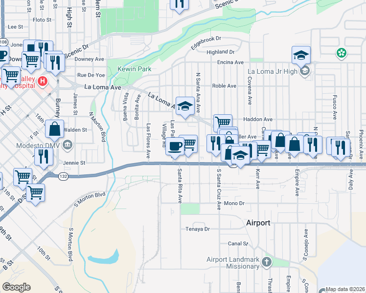 map of restaurants, bars, coffee shops, grocery stores, and more near 129 Wilson Avenue in Modesto