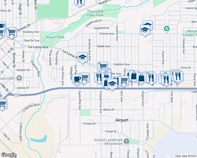 map of restaurants, bars, coffee shops, grocery stores, and more near 140 Santa Barbara Avenue in Modesto