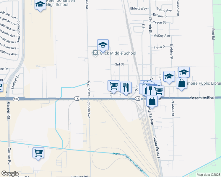 map of restaurants, bars, coffee shops, grocery stores, and more near 101 A Street in Empire
