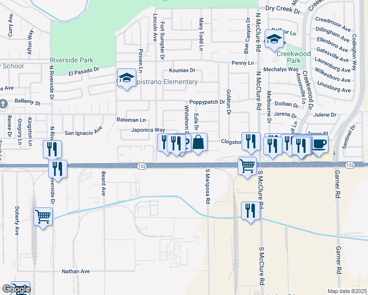 map of restaurants, bars, coffee shops, grocery stores, and more near 3125 Gibson Way in Modesto