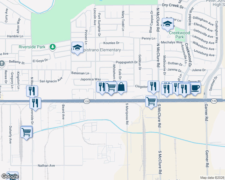 map of restaurants, bars, coffee shops, grocery stores, and more near 3117 Gibson Way in Modesto