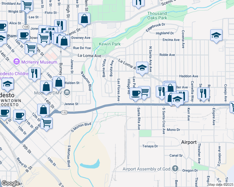 map of restaurants, bars, coffee shops, grocery stores, and more near 137 Las Flores Avenue in Modesto