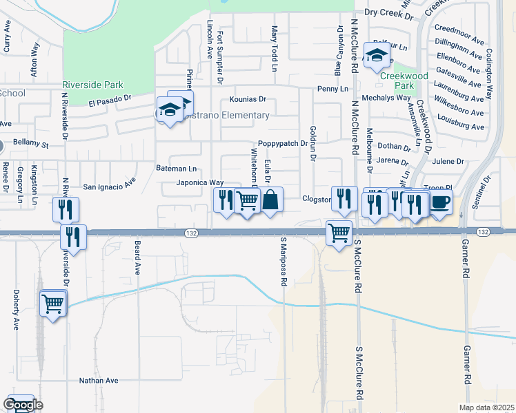 map of restaurants, bars, coffee shops, grocery stores, and more near 3125 Gibson Way in Modesto
