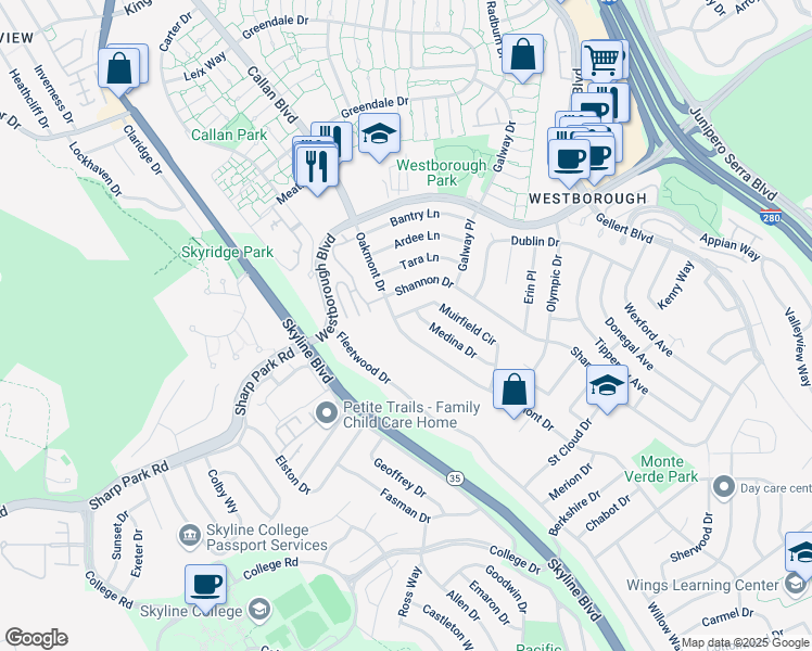 map of restaurants, bars, coffee shops, grocery stores, and more near 3040 Oakmont Drive in San Bruno