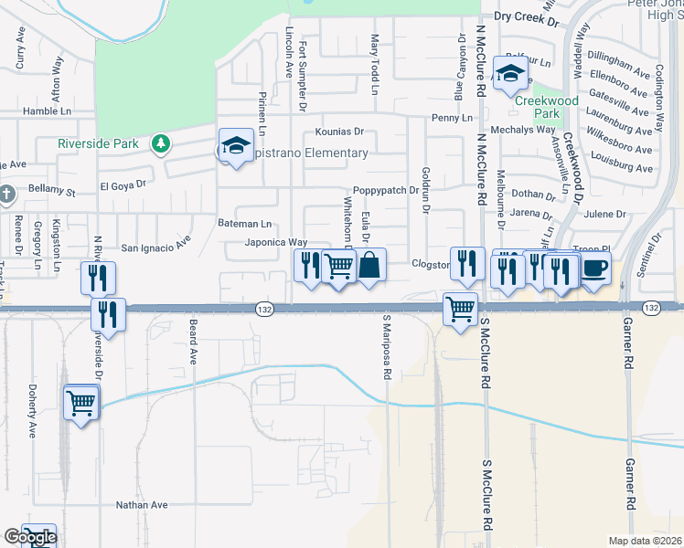 map of restaurants, bars, coffee shops, grocery stores, and more near 3117 Gibson Way in Modesto