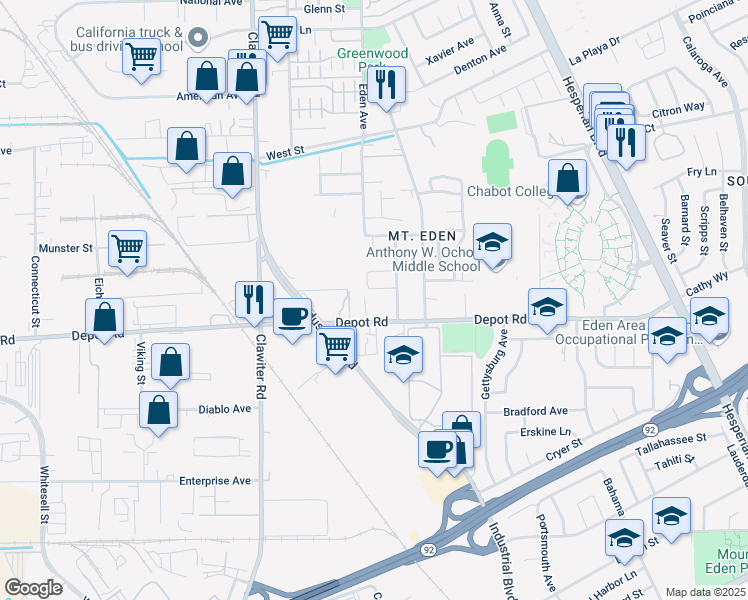 map of restaurants, bars, coffee shops, grocery stores, and more near 2595 Depot Road in Hayward