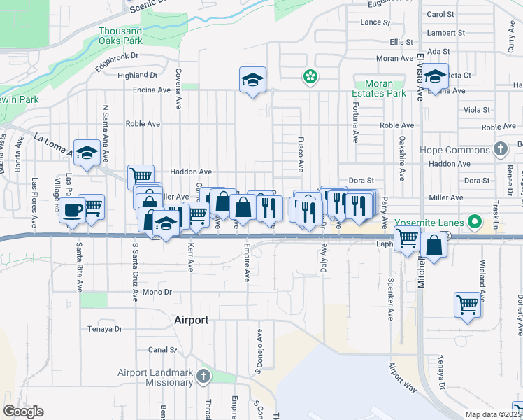 map of restaurants, bars, coffee shops, grocery stores, and more near 1732 Miller Avenue in Modesto
