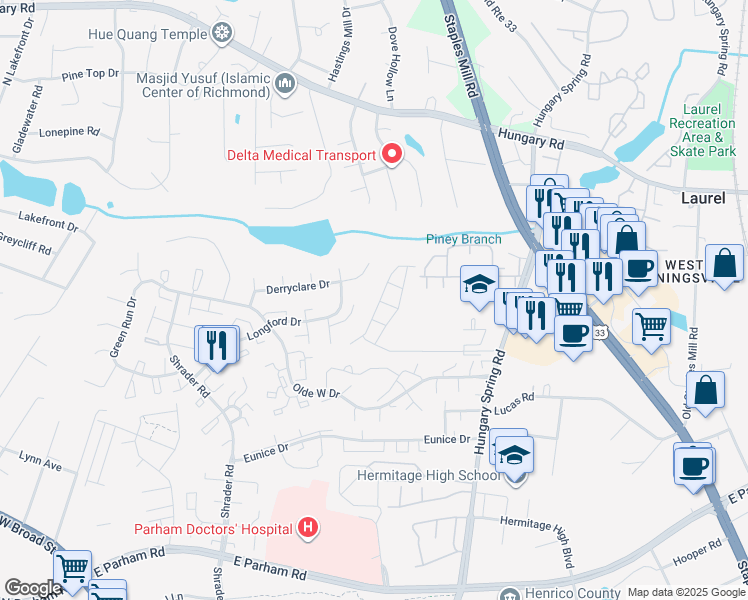 map of restaurants, bars, coffee shops, grocery stores, and more near 8646 Springwater Drive in Richmond