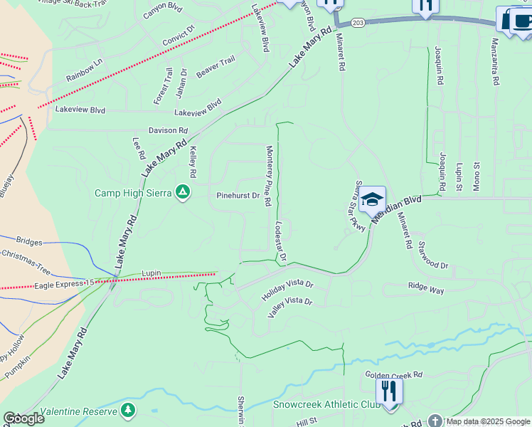 map of restaurants, bars, coffee shops, grocery stores, and more near 372 Monterey Pine Rd in Mammoth Lakes