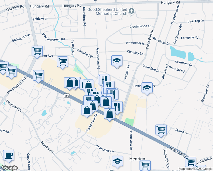 map of restaurants, bars, coffee shops, grocery stores, and more near 9123 Huron Avenue in Richmond