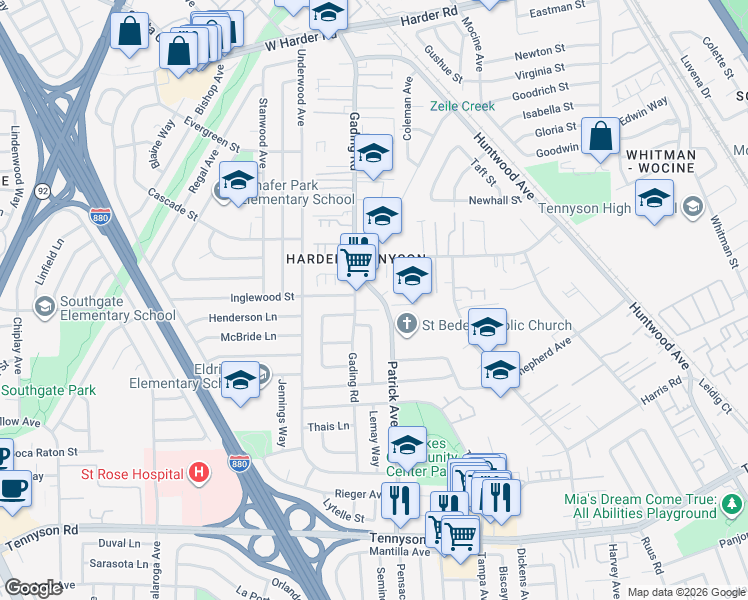 map of restaurants, bars, coffee shops, grocery stores, and more near 26723 Patrick Avenue in Hayward