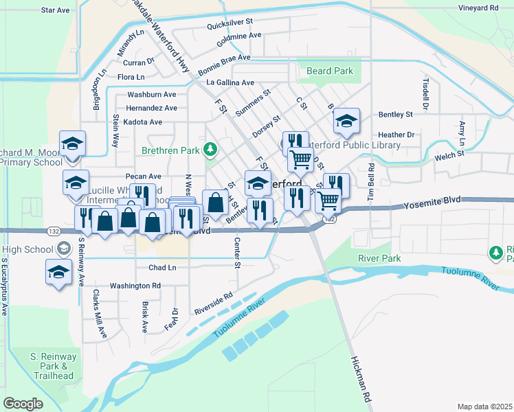 map of restaurants, bars, coffee shops, grocery stores, and more near 12420 Bentley Street in Waterford