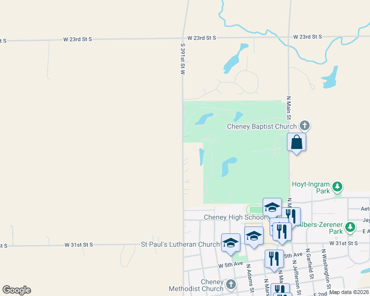 map of restaurants, bars, coffee shops, grocery stores, and more near 2621 S 391st Street West in Cheney