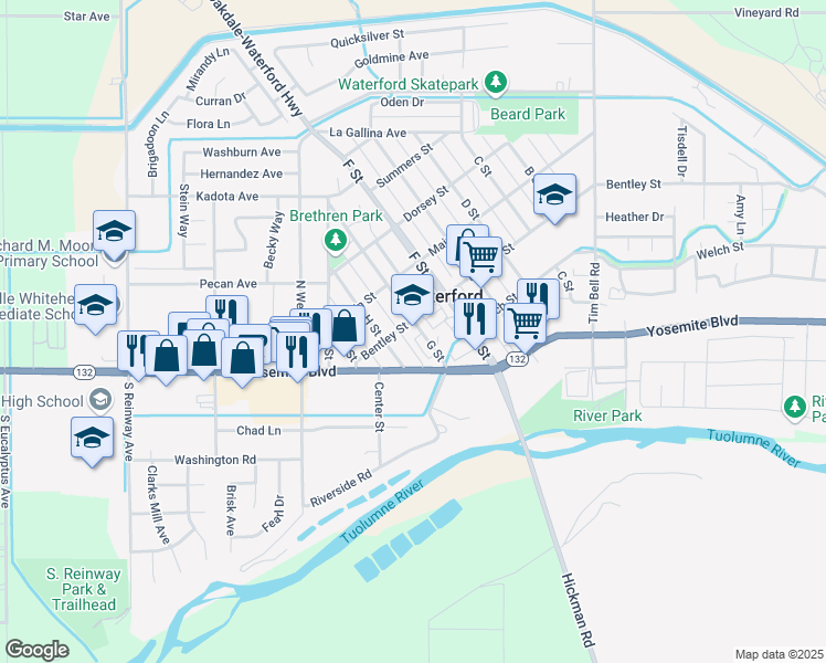map of restaurants, bars, coffee shops, grocery stores, and more near 12420 Bentley Street in Waterford