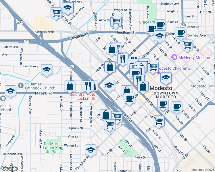 map of restaurants, bars, coffee shops, grocery stores, and more near 1113 7th Street in Modesto