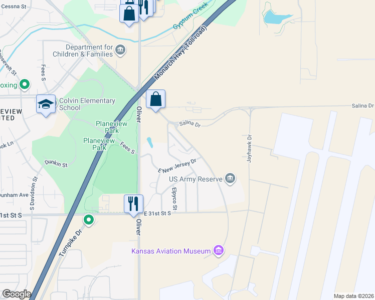 map of restaurants, bars, coffee shops, grocery stores, and more near 2919 S George Washington Boulevard in Wichita