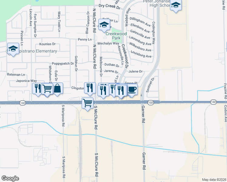 map of restaurants, bars, coffee shops, grocery stores, and more near 3624 Bayboro Drive in Modesto