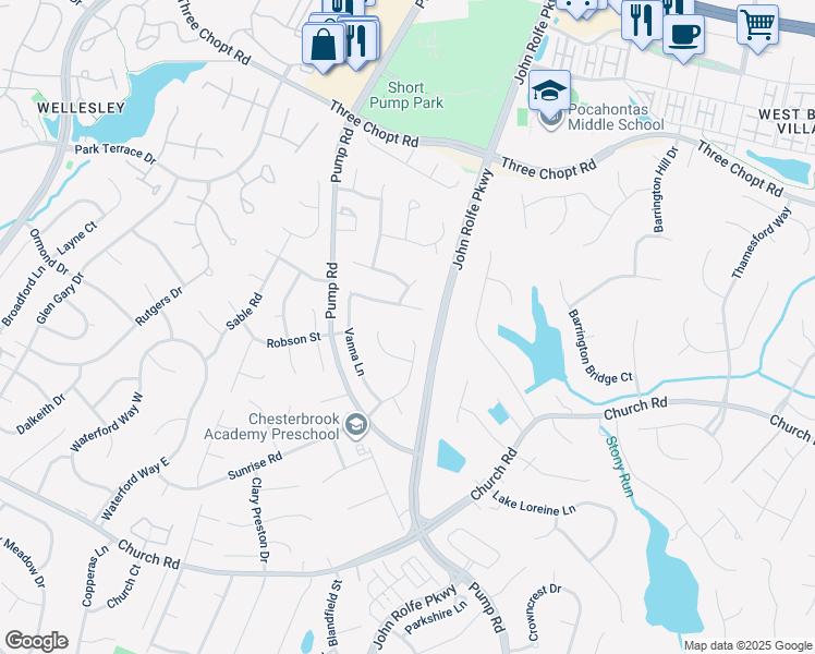 map of restaurants, bars, coffee shops, grocery stores, and more near 11700 Sandy Bluff Drive in Richmond