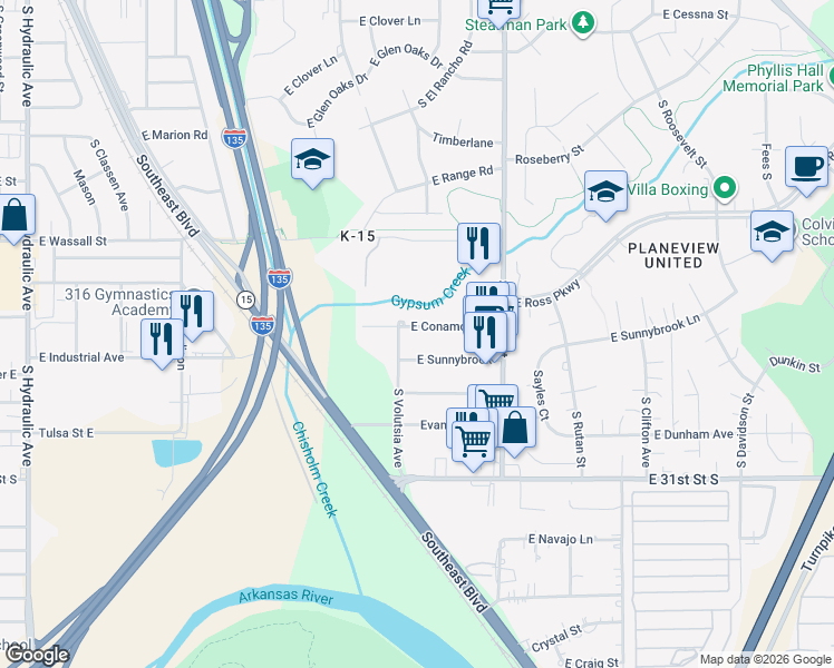 map of restaurants, bars, coffee shops, grocery stores, and more near 2817 Conamore East in Wichita