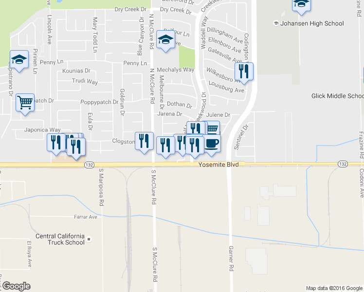 map of restaurants, bars, coffee shops, grocery stores, and more near 3624 Bayboro Drive in Modesto