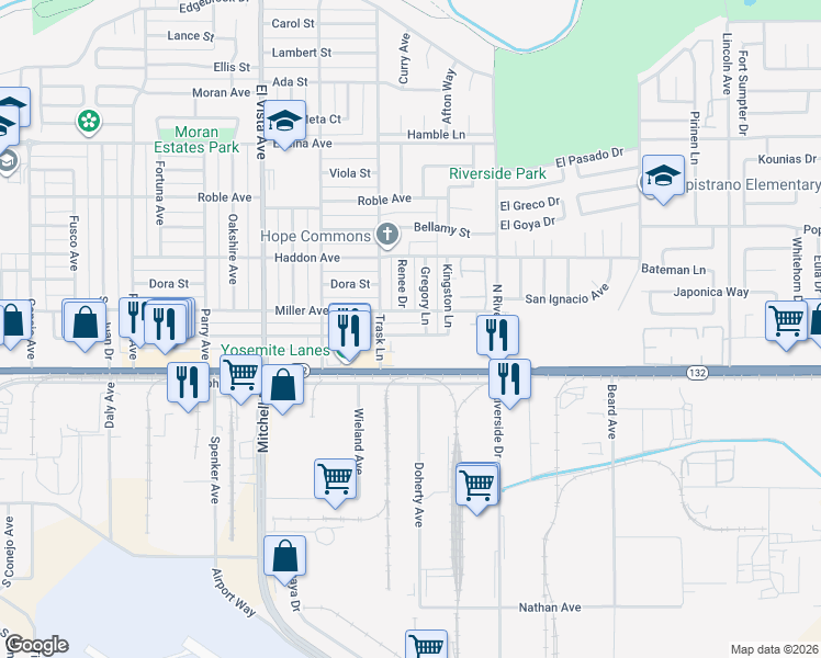 map of restaurants, bars, coffee shops, grocery stores, and more near 137 Gregory Lane in Modesto