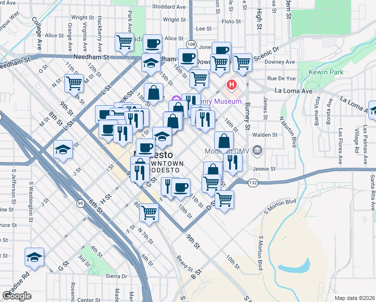 map of restaurants, bars, coffee shops, grocery stores, and more near 1215 G Street in Modesto