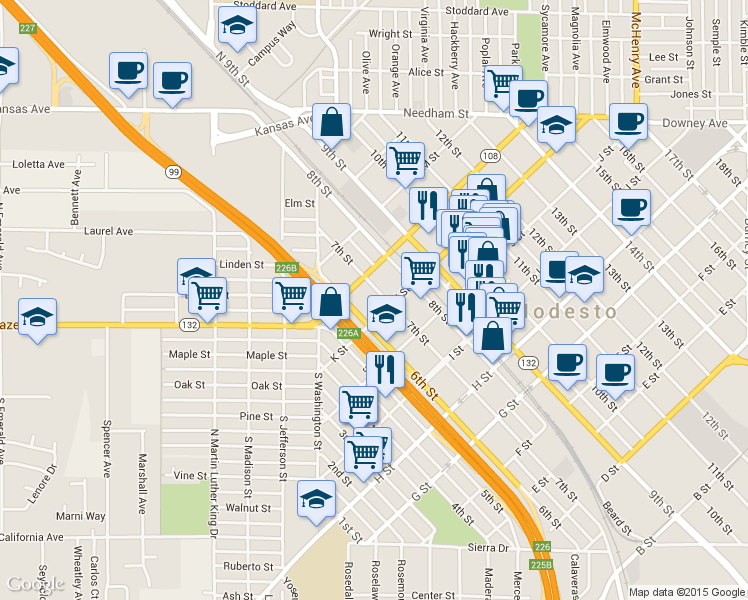 map of restaurants, bars, coffee shops, grocery stores, and more near 1113 7th Street in Modesto