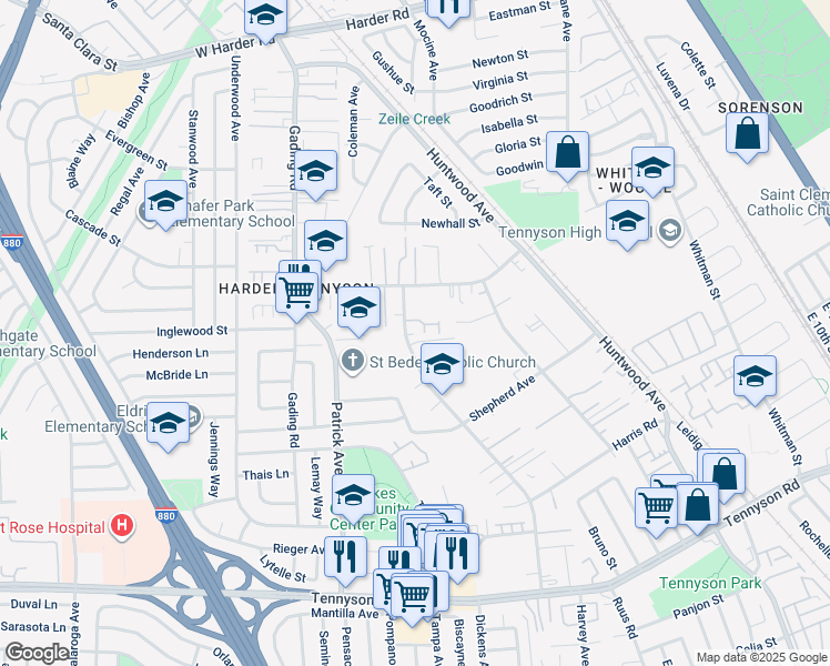 map of restaurants, bars, coffee shops, grocery stores, and more near 655 Foster Court in Hayward