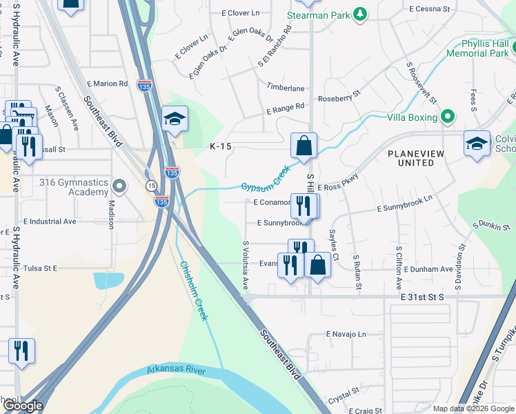 map of restaurants, bars, coffee shops, grocery stores, and more near 2817 Conamore East in Wichita