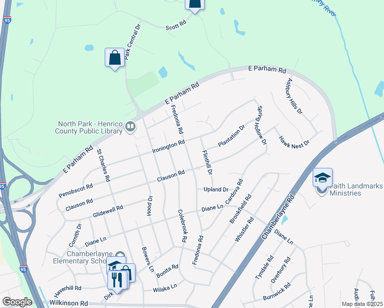 map of restaurants, bars, coffee shops, grocery stores, and more near 8407 Fredonia Road in Richmond