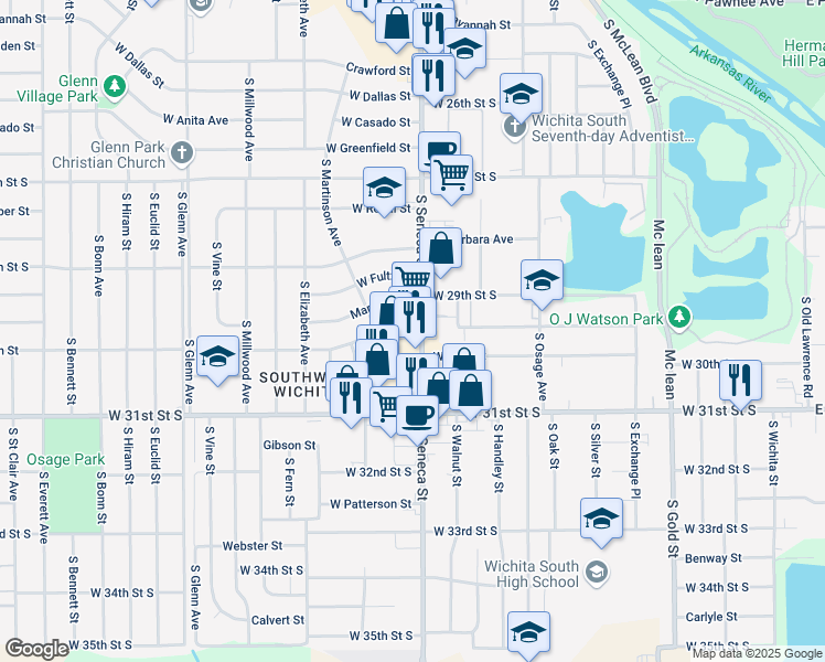 map of restaurants, bars, coffee shops, grocery stores, and more near 3101 S Seneca St in Wichita