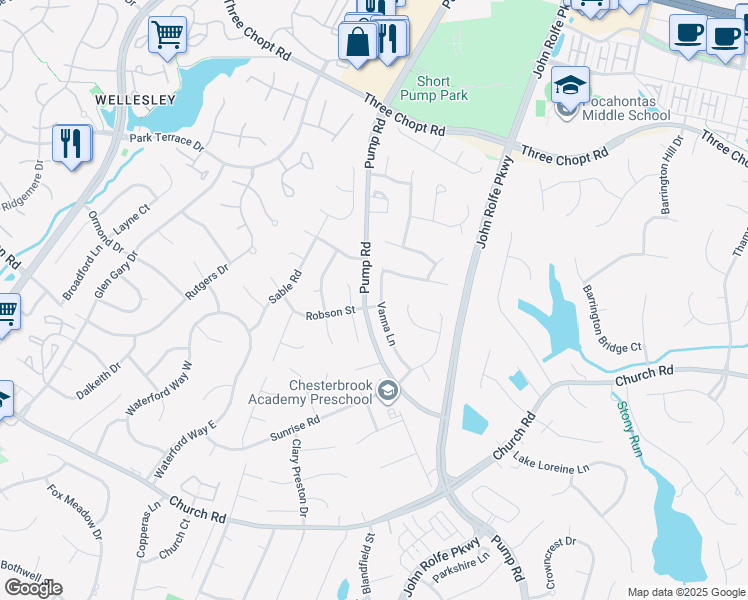 map of restaurants, bars, coffee shops, grocery stores, and more near 3000 Vanna Lane in Richmond
